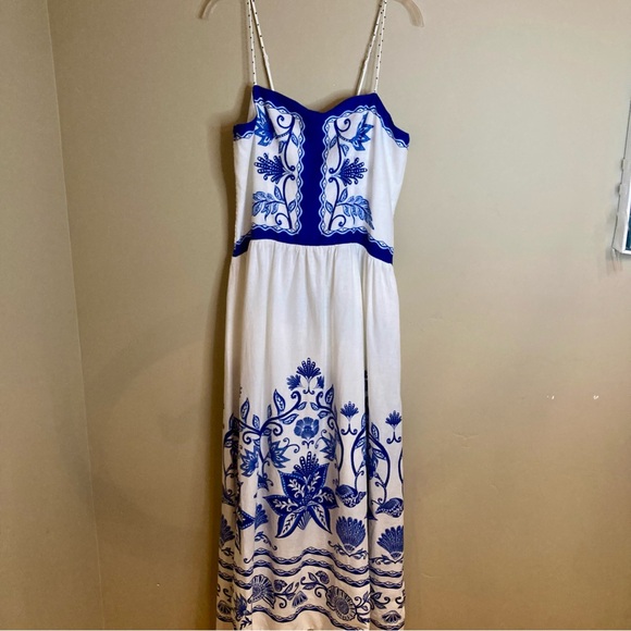 NEW FARM Rio Off-White Shell Garden
Midi Dress Beaded Straps Linen Blue Size XL - Picture 7 of 16